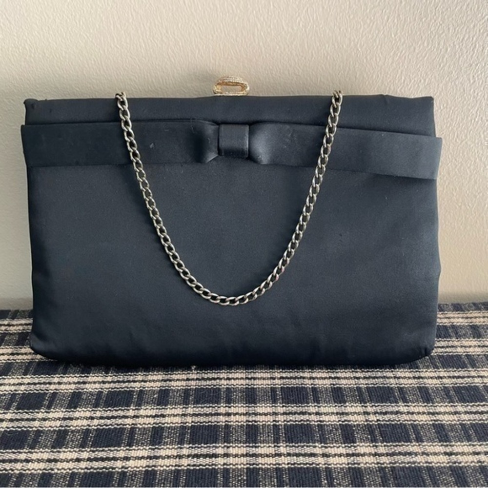 Vintage 1950s AFTER FIVE Black Satin Evening Bag Gold Chain MCM Purse #163